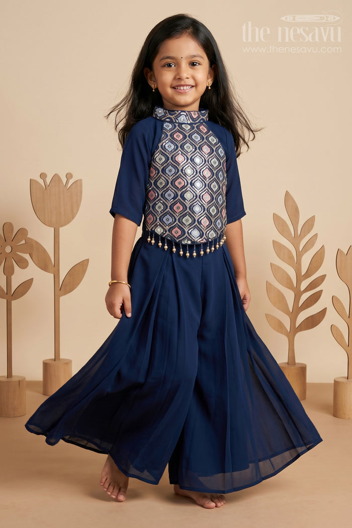 The Nesavu Girls Sharara / Plazo Set Girls Navy Blue Sharara Set with Embroidered Yoke and Flared Plazo in Navy Blue Sharara Style Nesavu 18 (2Y) / Blue GPS333D-18 Nesavu Girls Navy Blue Georgette Sharara Set Embroidery Flowy Palazzo Bottoms