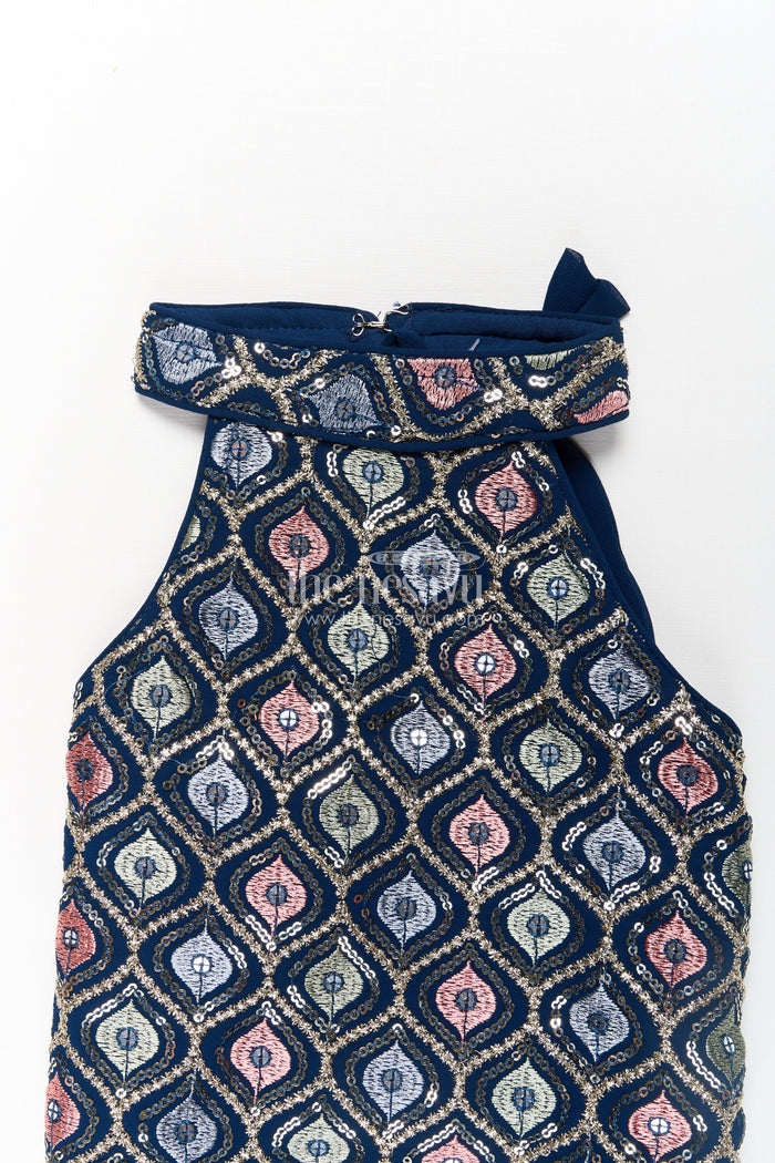 The Nesavu Girls Sharara / Plazo Set Girls Navy Blue Sharara Set with Embroidered Yoke and Flared Plazo in Navy Blue Sharara Style Nesavu Nesavu Girls Navy Blue Georgette Sharara Set Embroidery Flowy Palazzo Bottoms