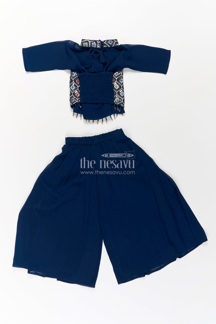 The Nesavu Girls Sharara / Plazo Set Girls Navy Blue Sharara Set with Embroidered Yoke and Flared Plazo in Navy Blue Sharara Style Nesavu Nesavu Girls Navy Blue Georgette Sharara Set Embroidery Flowy Palazzo Bottoms