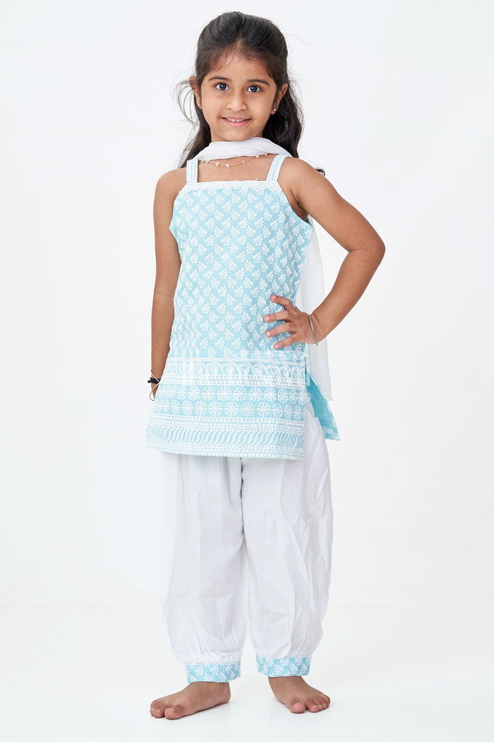 The Nesavu Girls Churidar Sets Girls New Chudi Set in Blue Cotton with Thread Embroidery Yoke and Matching White Dhoti Pants Nesavu Girls New Blue Chudi Set Embroidered Cotton Top White Dhoti Pants Dupatta | The Nesavu