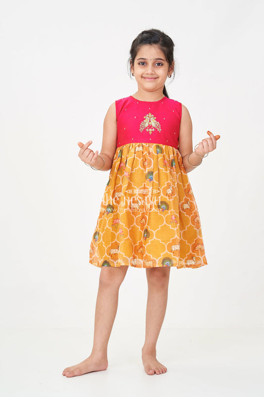 The Nesavu Girls Chanderi Frock Girls New Designs of Frocks with Maroon Cotton Yoke and Animal Digital Printed Skirt Nesavu 16 (1Y) / Red GFC1684A-16 Nesavu New Designs Frocks Girls Maroon Embroidered Yoke Animal Print Bottom