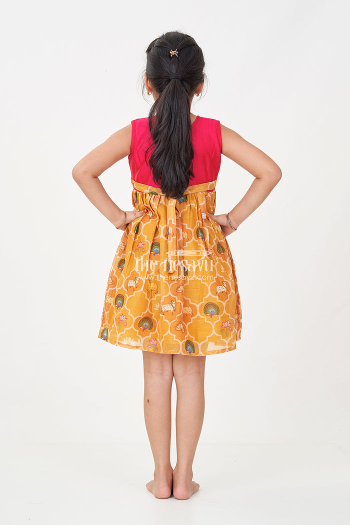 The Nesavu Girls Chanderi Frock Girls New Designs of Frocks with Maroon Cotton Yoke and Animal Digital Printed Skirt Nesavu Nesavu New Designs Frocks Girls Maroon Embroidered Yoke Animal Print Bottom