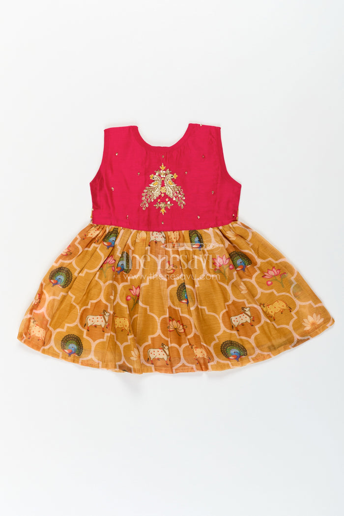 The Nesavu Girls Chanderi Frock Girls New Designs of Frocks with Maroon Cotton Yoke and Animal Digital Printed Skirt Nesavu Nesavu New Designs Frocks Girls Maroon Embroidered Yoke Animal Print Bottom