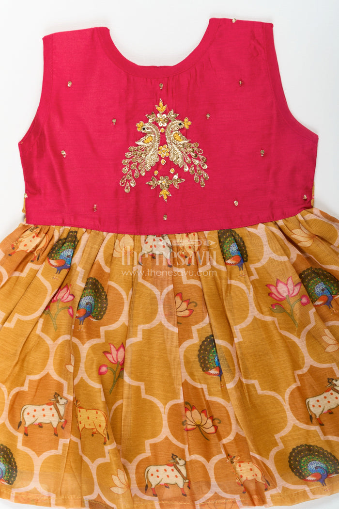 The Nesavu Girls Chanderi Frock Girls New Designs of Frocks with Maroon Cotton Yoke and Animal Digital Printed Skirt Nesavu Nesavu New Designs Frocks Girls Maroon Embroidered Yoke Animal Print Bottom
