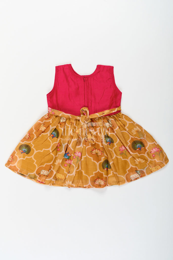 The Nesavu Girls Chanderi Frock Girls New Designs of Frocks with Maroon Cotton Yoke and Animal Digital Printed Skirt Nesavu Nesavu New Designs Frocks Girls Maroon Embroidered Yoke Animal Print Bottom