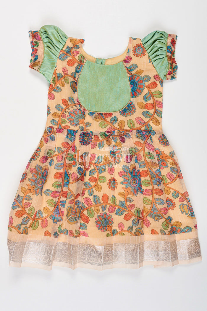 The Nesavu Silk Frock Girls New Dress Collection in Printed Chanderi Cotton with Raw Silk Yoke and Short Puff Sleeves Nesavu Nesavu New Dress Collection Girls Chanderi Cotton Raw Silk Yoke Floral Print
