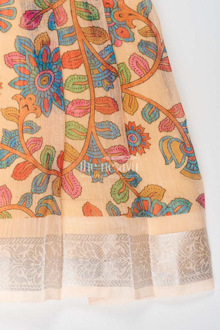 The Nesavu Silk Frock Girls New Dress Collection in Printed Chanderi Cotton with Raw Silk Yoke and Short Puff Sleeves Nesavu Nesavu New Dress Collection Girls Chanderi Cotton Raw Silk Yoke Floral Print