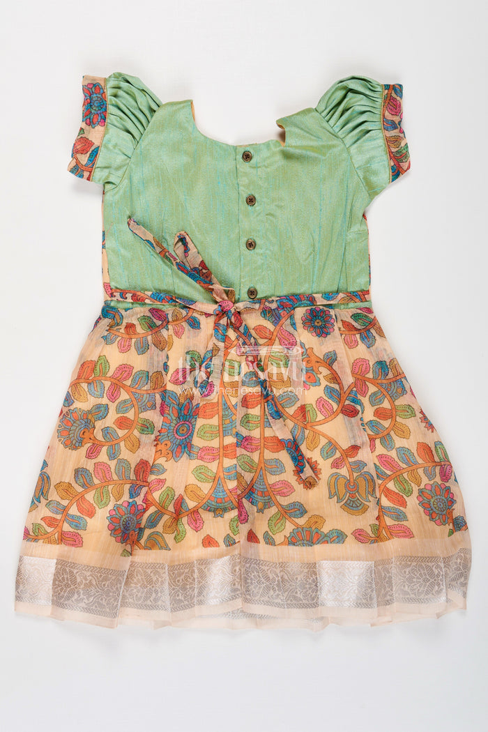 The Nesavu Silk Frock Girls New Dress Collection in Printed Chanderi Cotton with Raw Silk Yoke and Short Puff Sleeves Nesavu Nesavu New Dress Collection Girls Chanderi Cotton Raw Silk Yoke Floral Print