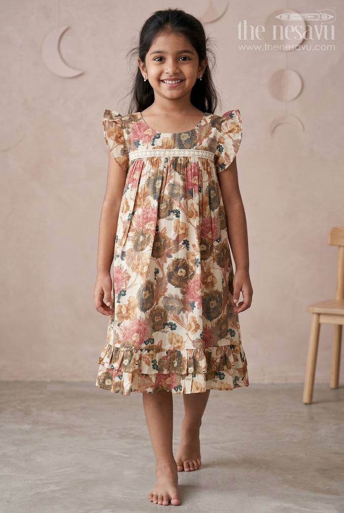 The Nesavu Girls Fancy Frock Girls New Latest Design Frock in Modal Silk with Autumn Floral Print and Ruffled Hemline Nesavu 18 (2Y) / Half white GFC1770A-18 Nesavu Girls New Latest Design Frock Modal Silk Autumn Floral Digital Print Ruffle Hem