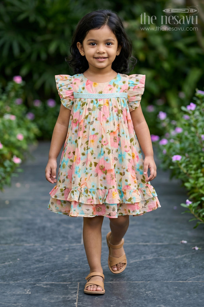 The Nesavu Girls Fancy Frock Girls New Style Frock in Modal Silk with Floral Digital Print and Ruffle Sleeves for Everyday Charm Nesavu 18 (2Y) / Multicolor GFC1774A-18 Nesavu Girls New Style Frock Modal Silk Floral Digital Print Ruffle Sleeves