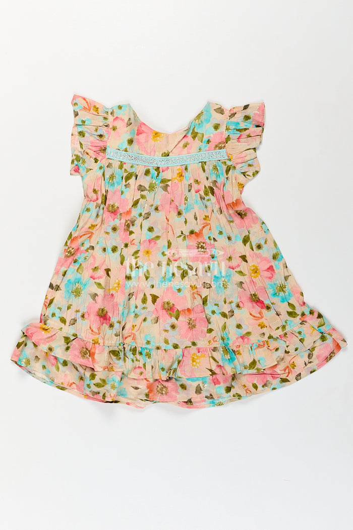 The Nesavu Girls Fancy Frock Girls New Style Frock in Modal Silk with Floral Digital Print and Ruffle Sleeves for Everyday Charm Nesavu 18 (2Y) / Multicolor GFC1774A-18 Nesavu Girls New Style Frock Modal Silk Floral Digital Print Ruffle Sleeves