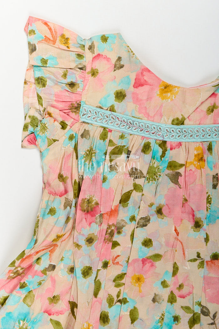The Nesavu Girls Fancy Frock Girls New Style Frock in Modal Silk with Floral Digital Print and Ruffle Sleeves for Everyday Charm Nesavu Nesavu Girls New Style Frock Modal Silk Floral Digital Print Ruffle Sleeves