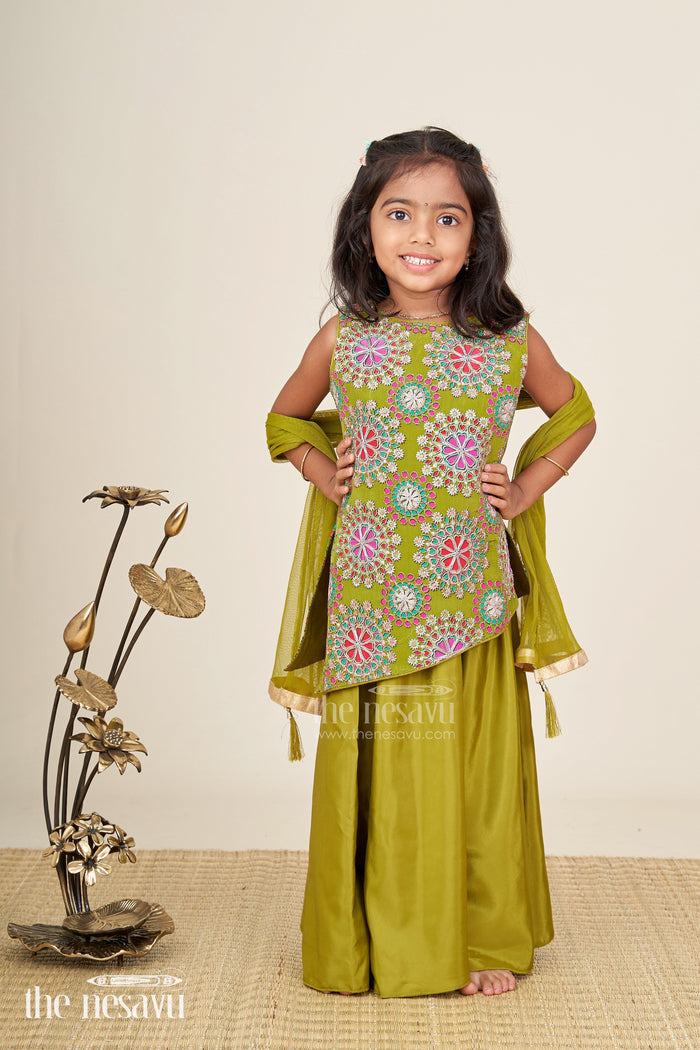 The Nesavu Girls Sharara / Plazo Set Girls Olive Palazzo Set With Sequin Crop Top Nesavu Nesavu Olive Green Sequin Palazzo Set Girls Party Wear Sangeet Mehendi