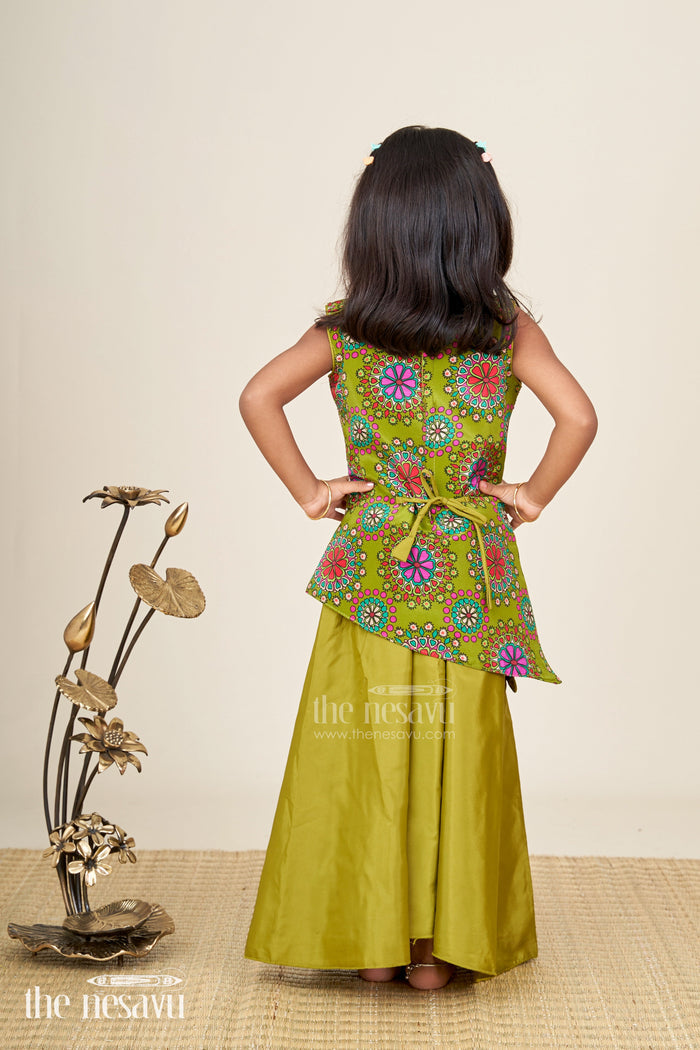 The Nesavu Girls Sharara / Plazo Set Girls Olive Palazzo Set With Sequin Crop Top Nesavu Nesavu Olive Green Sequin Palazzo Set Girls Party Wear Sangeet Mehendi