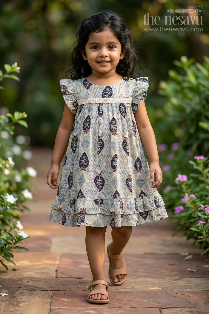 The Nesavu Girls Fancy Frock Girls One Piece Frock Online in Green Rayon with Printed Motifs and Gathered Hemline Nesavu 18 (2Y) / Blue GFC1760B-18 Nesavu Green Rayon One Piece Frock Online Printed Motifs Ruffle Hem Girls