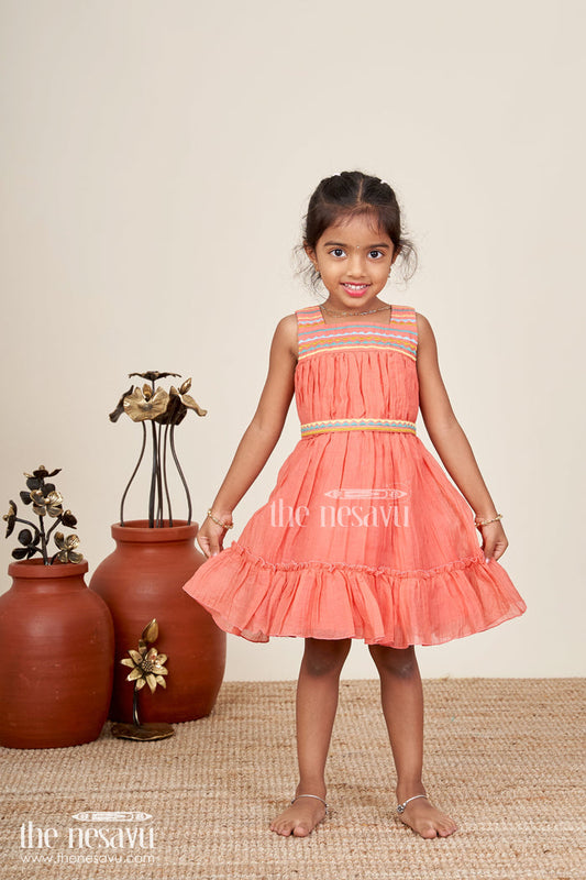 The Nesavu Girls Cotton Frock Girls Orange Frock Cotton Dress with Popcorn Crush Fabric and Colorful Thread Embroidered Yoke Nesavu 18 (2Y) / Orange GFC1789A-18 Nesavu Orange Frock Cotton Dress Girls Embroidered Yoke Ruffled Hem Popcorn Crush