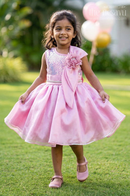 The Nesavu Girls Fancy Party Frock Girls Organza Party Frock with Sequin Work for Birthdays and Evening Events Nesavu 12 (3M) / Pink PF285A-12 Nesavu girls organza party frock sequin embroidery birthday celebrations evening wear