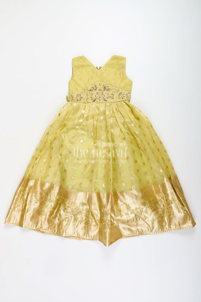 The Nesavu Girls Party Gown Girls Party Gown for Birthdays and Festive Celebrations Nesavu Nesavu girls party gown kora tissue silk zari border festive celebrations
