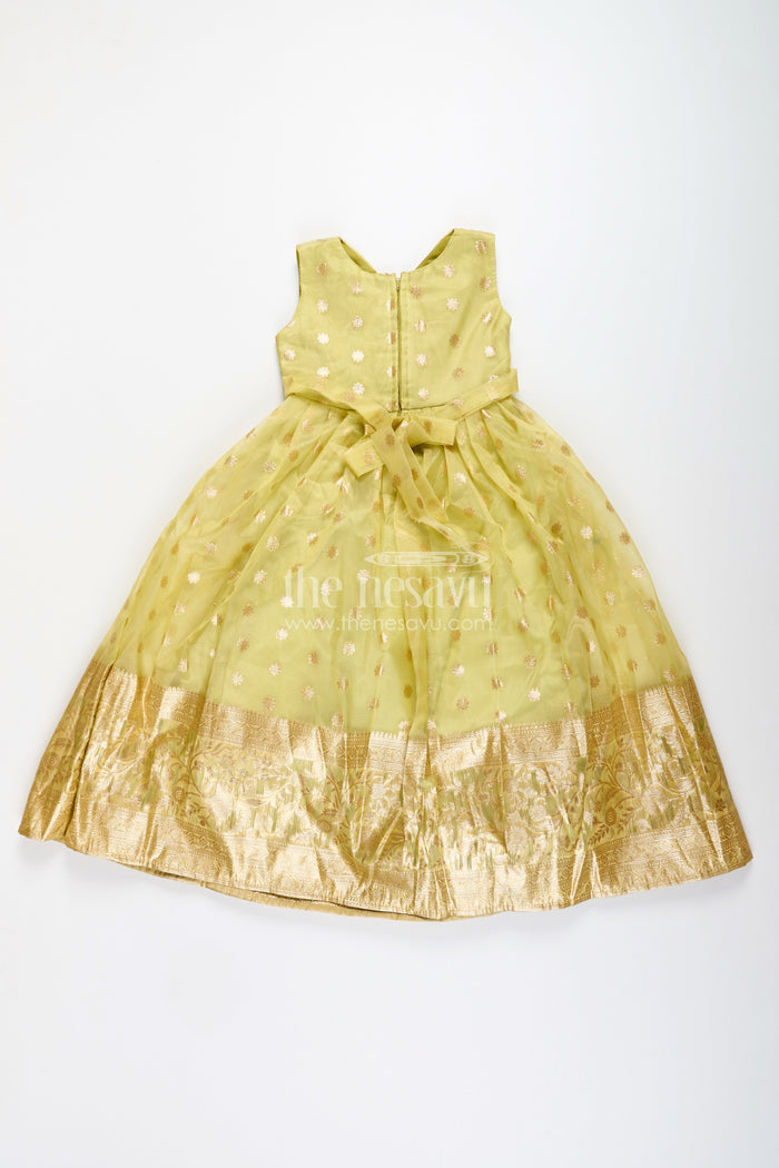 The Nesavu Girls Party Gown Girls Party Gown for Birthdays and Festive Celebrations Nesavu Nesavu girls party gown kora tissue silk zari border festive celebrations