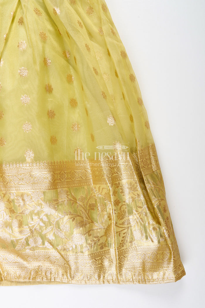 The Nesavu Girls Party Gown Girls Party Gown for Birthdays and Festive Celebrations Nesavu Nesavu girls party gown kora tissue silk zari border festive celebrations