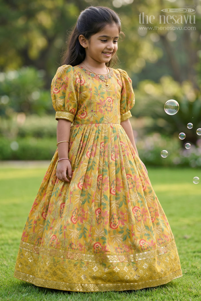 The Nesavu Girls Party Gown Girls Party Gown Shimmer Semi Silk Green Sankranthi Dress Nesavu 24 (5Y) / Green GA280A-24 Nesavu Girls Green Shimmer Semi Silk Party Gown Floral Prints Deepavali Dress