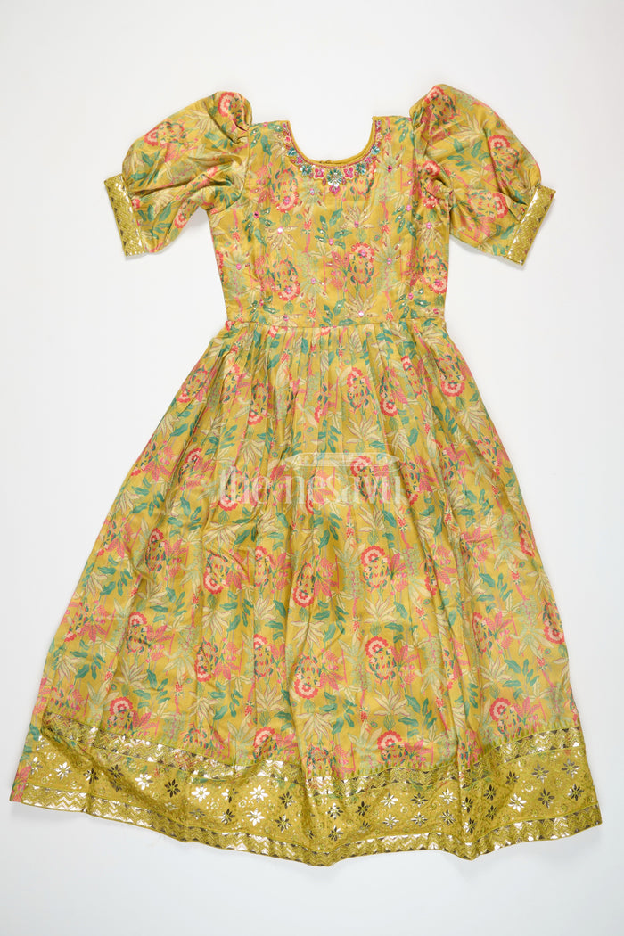 The Nesavu Girls Party Gown Girls Party Gown Shimmer Semi Silk Green Sankranthi Dress Nesavu 24 (5Y) / Green GA280A-24 Nesavu Girls Green Shimmer Semi Silk Party Gown Floral Prints Deepavali Dress