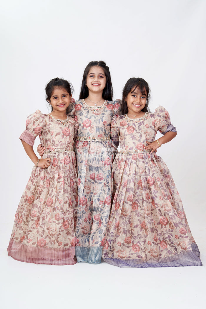 The Nesavu Girls Casual Gown Girls Party Gowns in Gold Tissue Fabric with Floral Digital Print and Puff Sleeves for Stylish Occasions Nesavu Nesavu Girls Party Gowns Gold Tissue Floral Digital Print Embellished Details Elegant Celebrations
