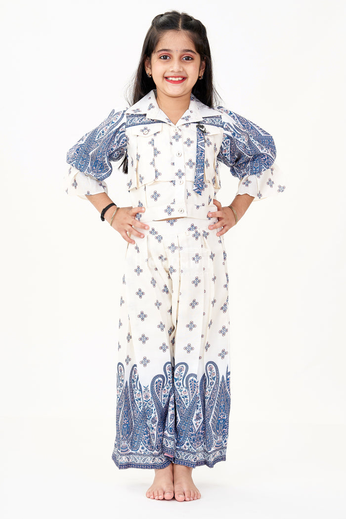 The Nesavu Girls Sharara / Plazo Set Girls Party Wear Palazzo Set in Cotton Blend with Blue Paisley Print and Puff Sleeves Nesavu 24 (5Y) / Blue GPS499A-24 Nesavu Girls Party Wear Palazzo Set Cotton Blend Blue Paisley Print Puff Sleeves