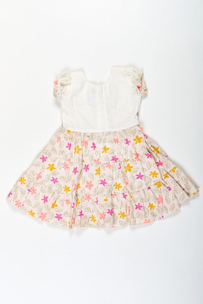 The Nesavu Girls Cotton Frock Girls Party Wear Cotton Frock with Eyelet Hakoba Top and Colorful Digital Print Skirt Nesavu Nesavu Party Wear Cotton Frock for Girls with Hakoba Embroidery and Digital Floral Skirt