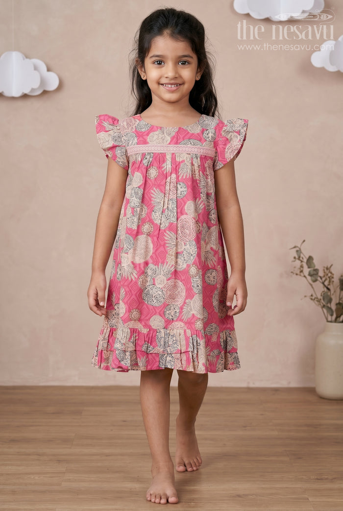 The Nesavu Girls Fancy Frock Girls Party Wear Frocks for Infants in Moadal Silk with Digital Floral Print and Ruffle Accents Nesavu 18 (2Y) / Red GFC1759B-18 Nesavu Infant Party Wear Frocks Red Moadal Silk Digital Floral Print Ruffle Details