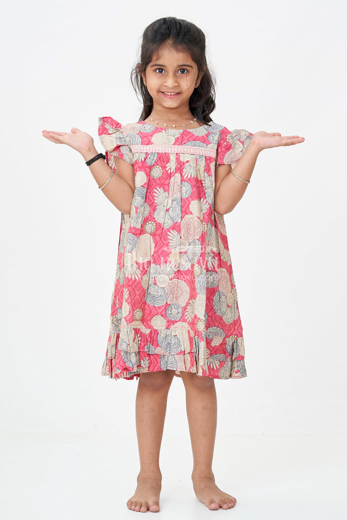 The Nesavu Girls Fancy Frock Girls Party Wear Frocks for Infants in Moadal Silk with Digital Floral Print and Ruffle Accents Nesavu 18 (2Y) / Red GFC1759B-18 Nesavu Infant Party Wear Frocks Red Moadal Silk Digital Floral Print Ruffle Details