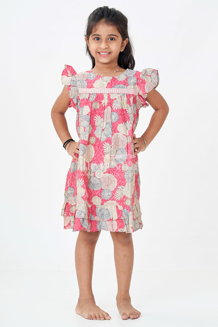 The Nesavu Girls Fancy Frock Girls Party Wear Frocks for Infants in Moadal Silk with Digital Floral Print and Ruffle Accents Nesavu Nesavu Infant Party Wear Frocks Red Moadal Silk Digital Floral Print Ruffle Details