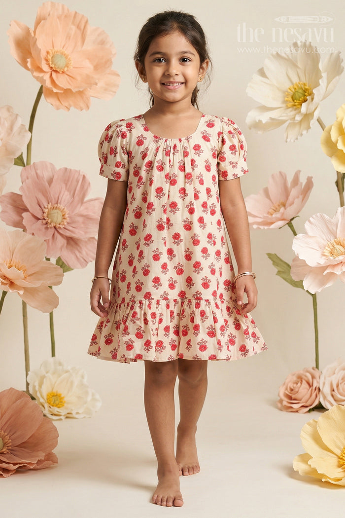 Girls Party Wear Knee Length Frock in Beige Muslin Silk with Red Floral Print and Puff Sleeves