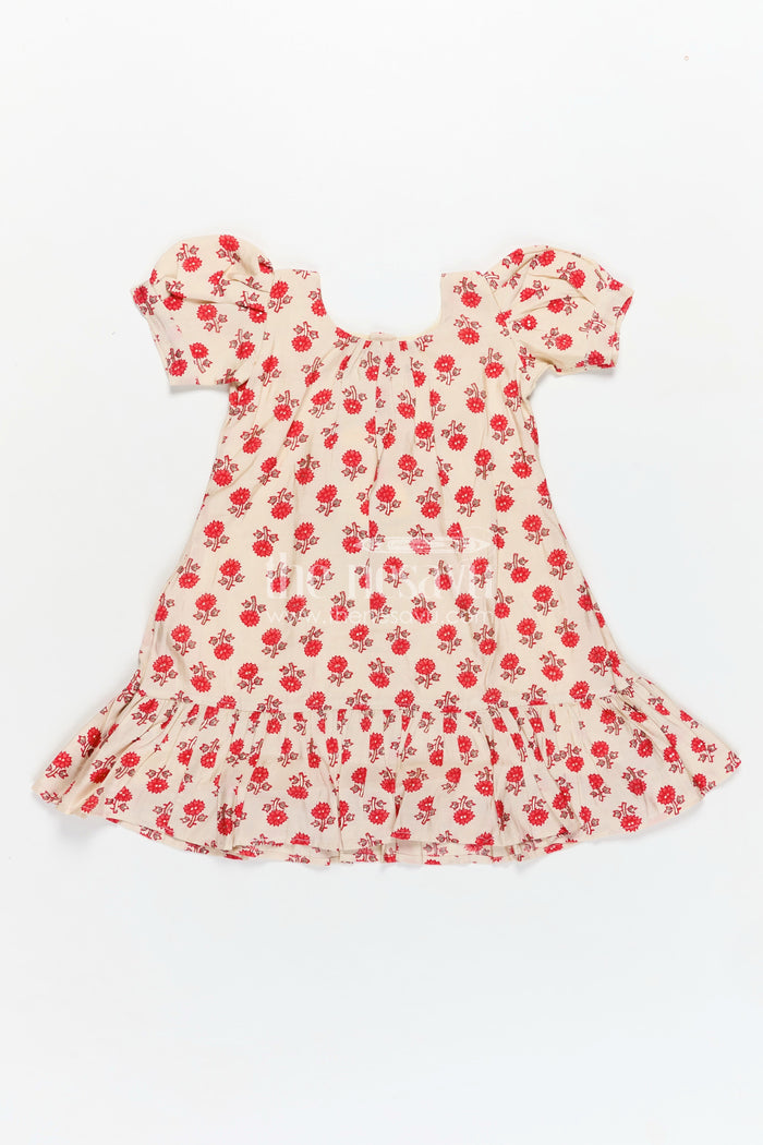 The Nesavu Girls Fancy Frock Girls Party Wear Knee Length Frock in Beige Muslin Silk with Red Floral Print and Puff Sleeves Nesavu Nesavu Girls Beige Muslin Silk Party Wear Knee Length Frock Red Floral Digital Print