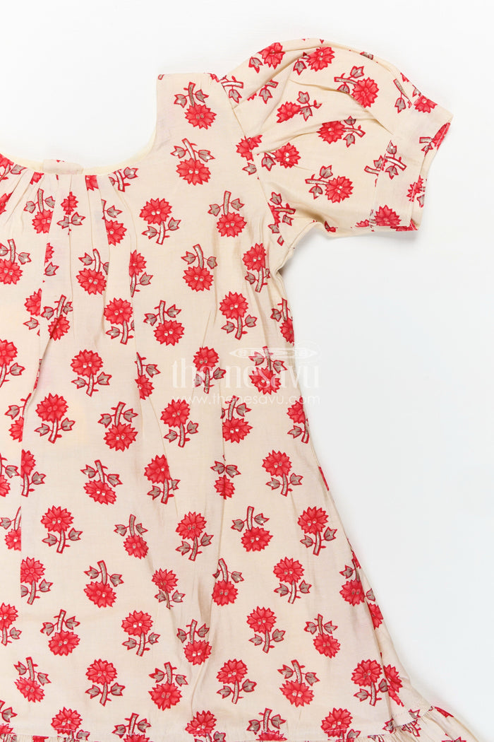 The Nesavu Girls Fancy Frock Girls Party Wear Knee Length Frock in Beige Muslin Silk with Red Floral Print and Puff Sleeves Nesavu Nesavu Girls Beige Muslin Silk Party Wear Knee Length Frock Red Floral Digital Print
