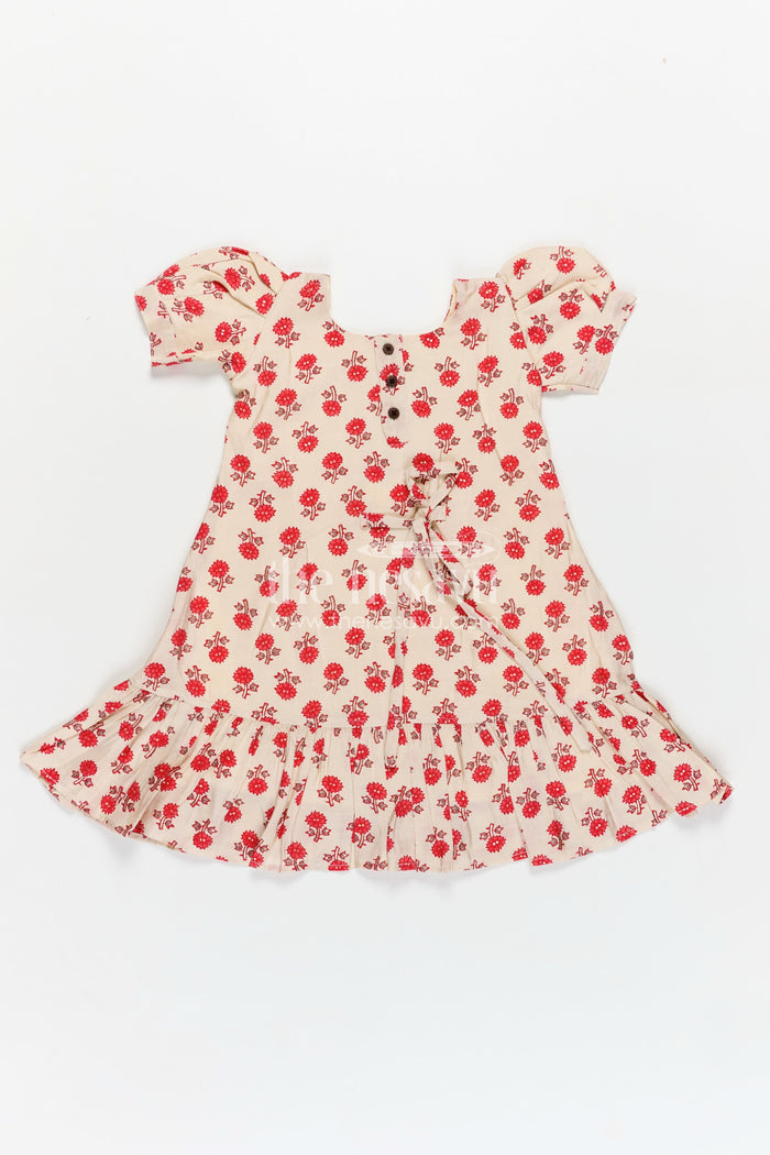 The Nesavu Girls Fancy Frock Girls Party Wear Knee Length Frock in Beige Muslin Silk with Red Floral Print and Puff Sleeves Nesavu Nesavu Girls Beige Muslin Silk Party Wear Knee Length Frock Red Floral Digital Print