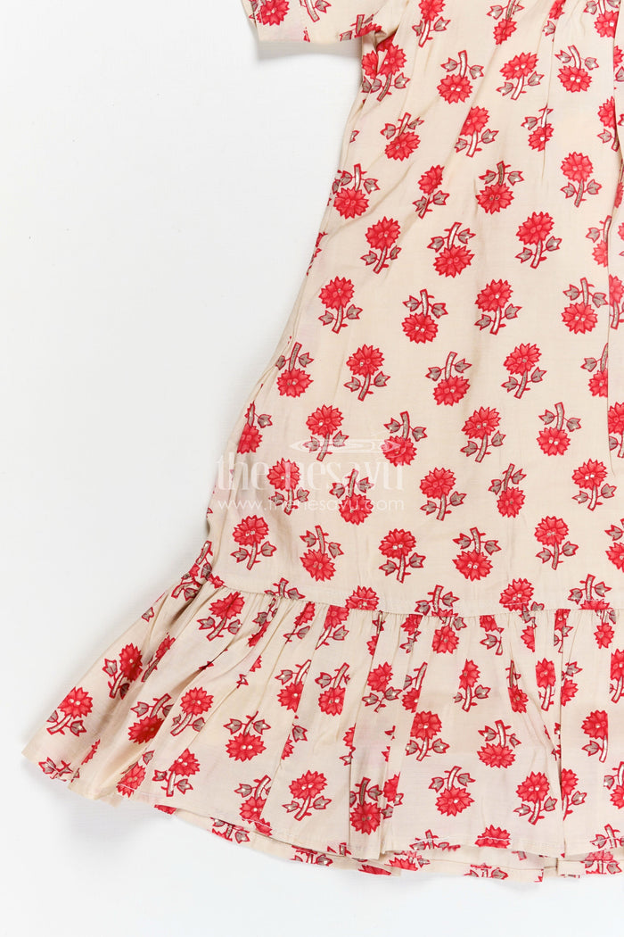 The Nesavu Girls Fancy Frock Girls Party Wear Knee Length Frock in Beige Muslin Silk with Red Floral Print and Puff Sleeves Nesavu Nesavu Girls Beige Muslin Silk Party Wear Knee Length Frock Red Floral Digital Print