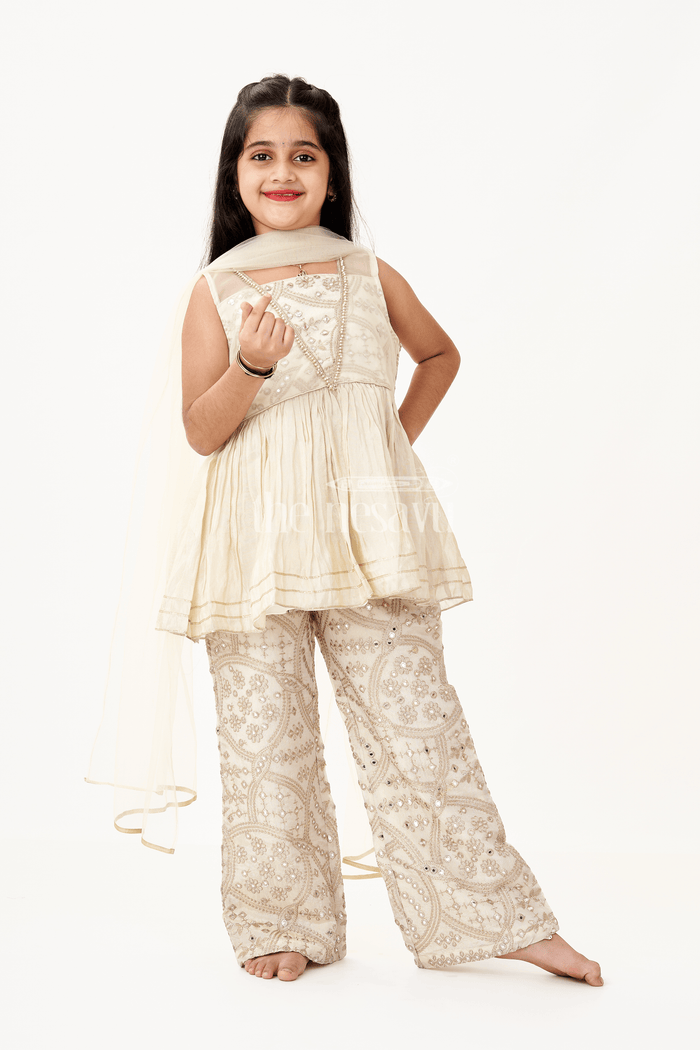 The Nesavu Girls Sharara / Plazo Set Girls Party Wear Sharara Dress in Viscose Tissue with Zari Thread Embroidery and Subtle Shine Nesavu 16 (1Y) / Cream GPS587A-16 Nesavu Golden Party Wear Sharara Dress for Girls in Viscose Tissue with Embroidery and Dupatta