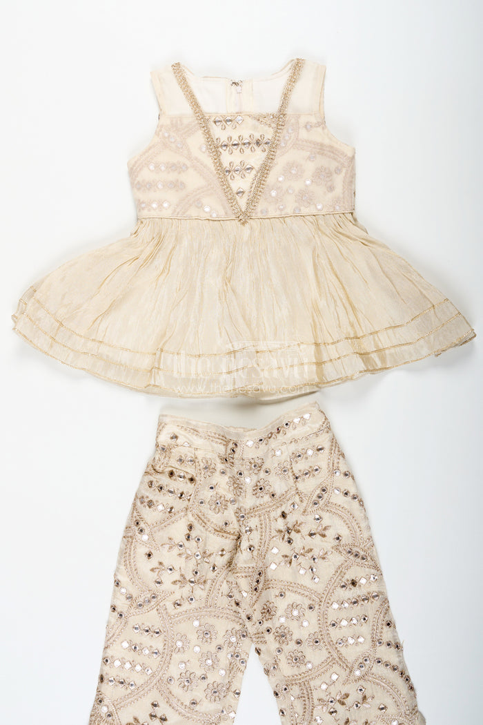 The Nesavu Girls Sharara / Plazo Set Girls Party Wear Sharara Dress in Viscose Tissue with Zari Thread Embroidery and Subtle Shine Nesavu Nesavu Golden Party Wear Sharara Dress for Girls in Viscose Tissue with Embroidery and Dupatta