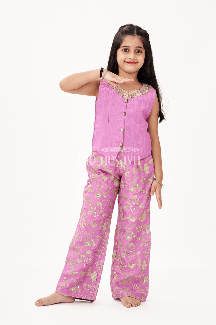 The Nesavu Girls Sharara / Plazo Set Girls Party Wear Sharara with Crop Top in Blended Silk Featuring Zari Thread Embroidery and Sequins Nesavu 16 (1Y) / Purple GPS400B-16 Nesavu Girls Party Wear Sharara Crop Top Set in Blended Silk with Zari and Sequin Embroidery
