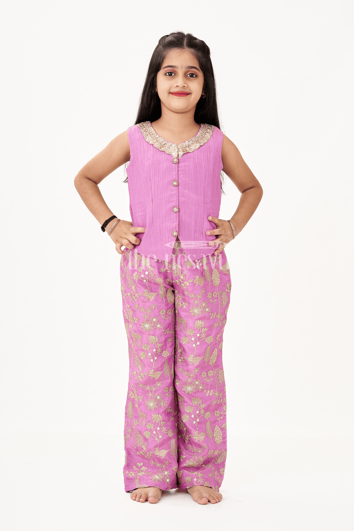 The Nesavu Girls Sharara / Plazo Set Girls Party Wear Sharara with Crop Top in Blended Silk Featuring Zari Thread Embroidery and Sequins Nesavu Nesavu Girls Party Wear Sharara Crop Top Set in Blended Silk with Zari and Sequin Embroidery