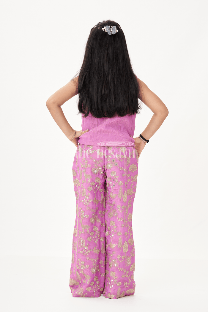 The Nesavu Girls Sharara / Plazo Set Girls Party Wear Sharara with Crop Top in Blended Silk Featuring Zari Thread Embroidery and Sequins Nesavu Nesavu Girls Party Wear Sharara Crop Top Set in Blended Silk with Zari and Sequin Embroidery