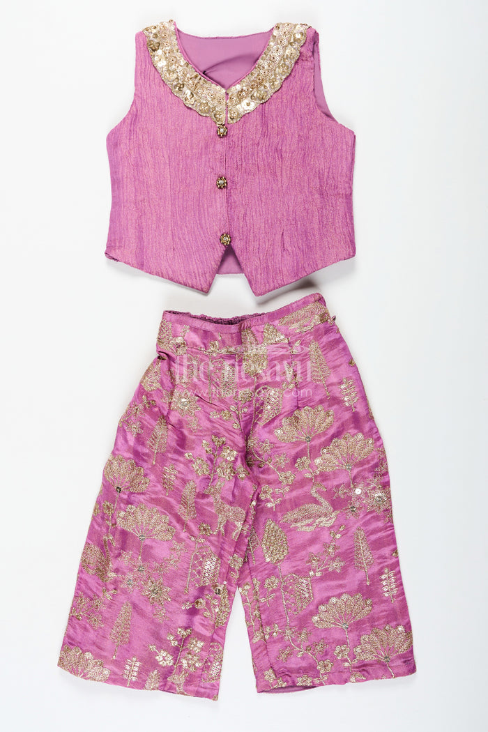 The Nesavu Girls Sharara / Plazo Set Girls Party Wear Sharara with Crop Top in Blended Silk Featuring Zari Thread Embroidery and Sequins Nesavu Nesavu Girls Party Wear Sharara Crop Top Set in Blended Silk with Zari and Sequin Embroidery