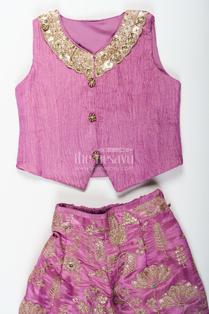 The Nesavu Girls Sharara / Plazo Set Girls Party Wear Sharara with Crop Top in Blended Silk Featuring Zari Thread Embroidery and Sequins Nesavu Nesavu Girls Party Wear Sharara Crop Top Set in Blended Silk with Zari and Sequin Embroidery