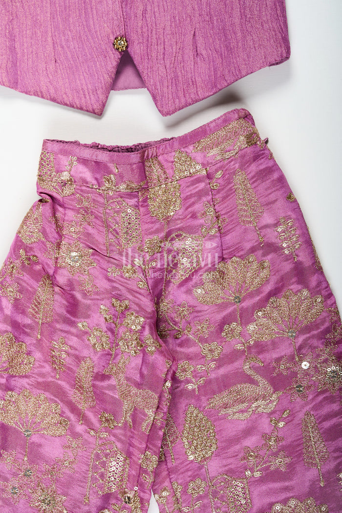The Nesavu Girls Sharara / Plazo Set Girls Party Wear Sharara with Crop Top in Blended Silk Featuring Zari Thread Embroidery and Sequins Nesavu Nesavu Girls Party Wear Sharara Crop Top Set in Blended Silk with Zari and Sequin Embroidery