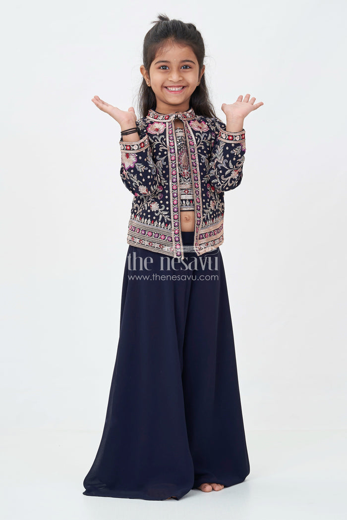 The Nesavu Girls Sharara / Plazo Set Girls Party Wear Western Dresses in Georgette with Designer Embroidered Jacket and Wide Leg Plazo Nesavu Girls Western Party Wear Georgette Dress Embroidered Jacket Palazzo Pants | The Nesavu