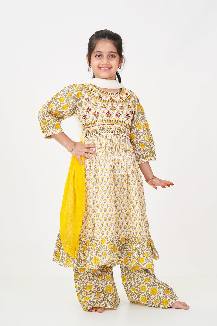 The Nesavu Girls Churidar Sets Girls Partywear Sharara Set in Yellow Floral Cotton with Mirror and Thread Embroidery Accents Nesavu 24 (5Y) / Beige GPS594A-24 Nesavu Girls Partywear Sharara Set with Mirror Embroidery and Yellow Floral Printed Cotton Co-Ord Look