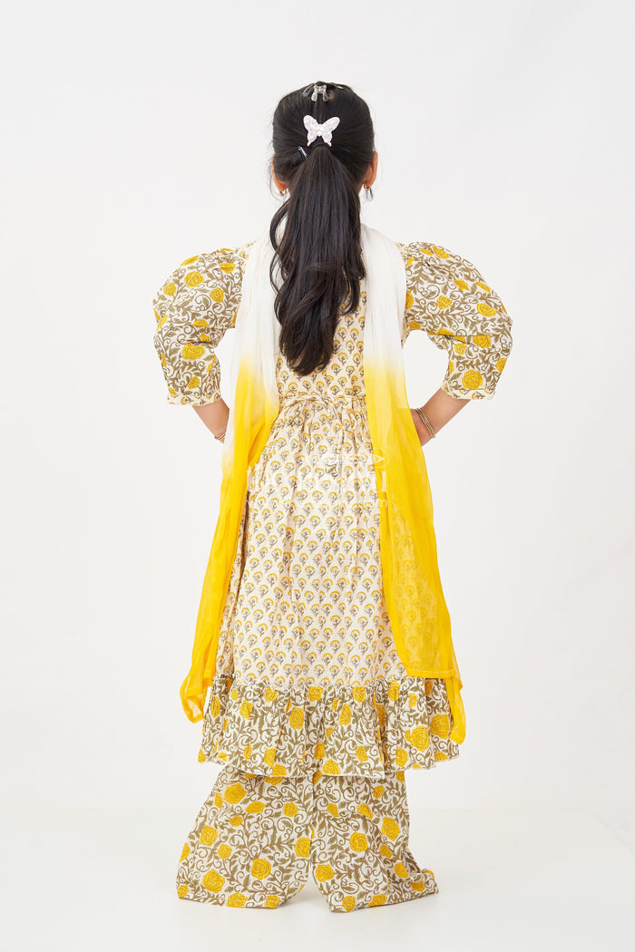 The Nesavu Girls Churidar Sets Girls Partywear Sharara Set in Yellow Floral Cotton with Mirror and Thread Embroidery Accents Nesavu Nesavu Girls Partywear Sharara Set with Mirror Embroidery and Yellow Floral Printed Cotton Co-Ord Look