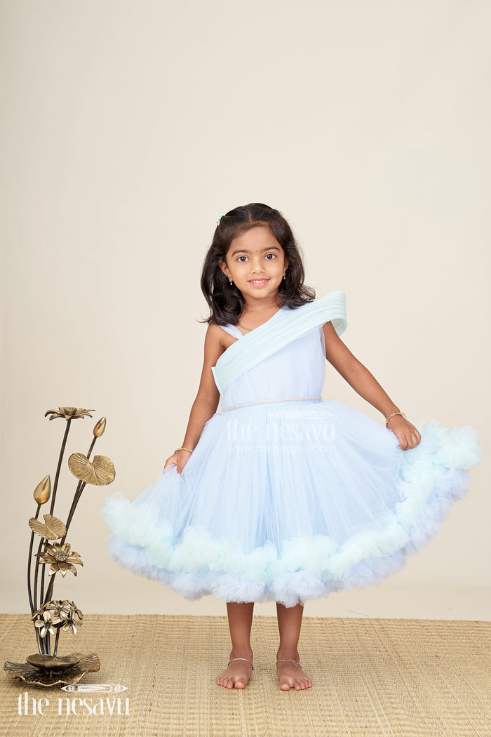 The Nesavu Girls Tutu Frock Girls pastel blue tutu frock for birthdays and party photoshoots Nesavu 16 (1Y) / Blue PF253B-16 Nesavu pastel blue tutu frock girls ruffles one-shoulder design  perfect birthdays