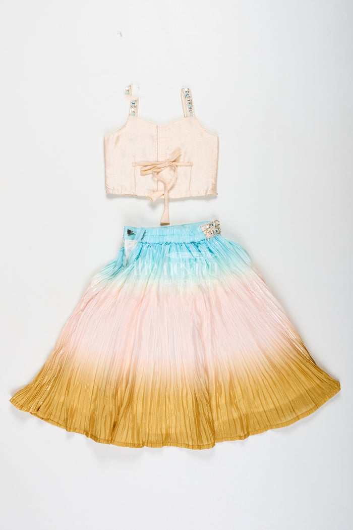 The Nesavu Girls Lehenga Choli Girls Pastel Ombre Lehenga Choli Set with Mirror-Embroidered Blouse Nesavu Nesavu Girls Pastel Ombre Lehenga Choli Mirror Embroidery Festive Ethnic Set
